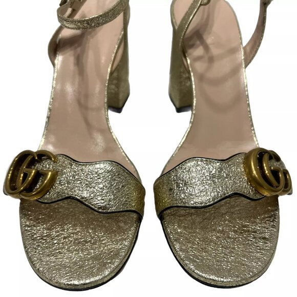 $850 Gucci Gold Marmont Metallic Lambskin Platino Sandals Heels sz 39/9B Heels - Picture 7 of 16